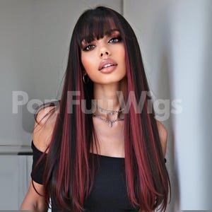 Black And Pink Long Straight Synthetic Wig With Bangs Heat Resistant Fiber Wig, Black Ombre Wig, Natural Looking Wig, Long Wig, Cosplay Wig