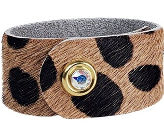 Animal Print Cowhide Bracelet- SINGLE 1" With Swarovski Crystal Snap, Design Your Cowhide Cuff for Your One Of A Kind Custom Gift For Her