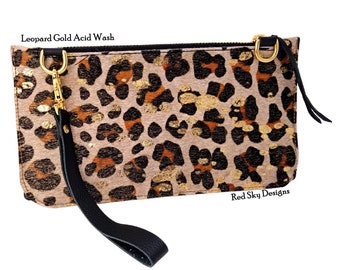 Cowhide Zipper Wristlet, Animal Print, Acid Wash Cowhide With Leather Wrist Strap -Add shoulder strap to convert to a leather cross body bag