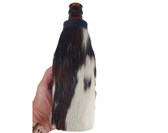 Natural Cowhide Beer Holder, Leather Bottle Sleeve, Booze Huggy, Unique Leather Gift, Beverage Coolie, Brew Cooler, 3rd Anniversary