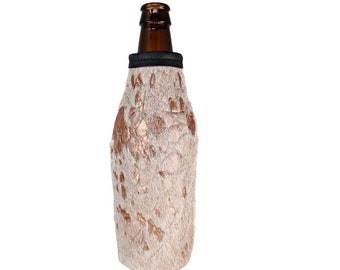 CUSTOM Animal Print/Acid Wash Cowhide Holder, Engraved Beer Bottle Huggy, Personalized Beverage Sleeve, Leather Gift, Wedding, Anniversary