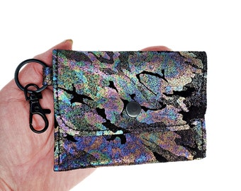 Leather ID Card Wallet, Keychain Coin Purse, Mini Purse, Clip On Handbag, Metallic Gold, Green, Multi, Blue Camo Suede, Gift for Her