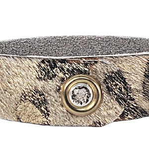 Cowhide Cuffs, SINGLE 5/8 Width Bracelet with Swarovski Crystal Snap, Animal Print or Acid Wash, Birthday or Leather 3rd Anniversary Gift Leopard Gold