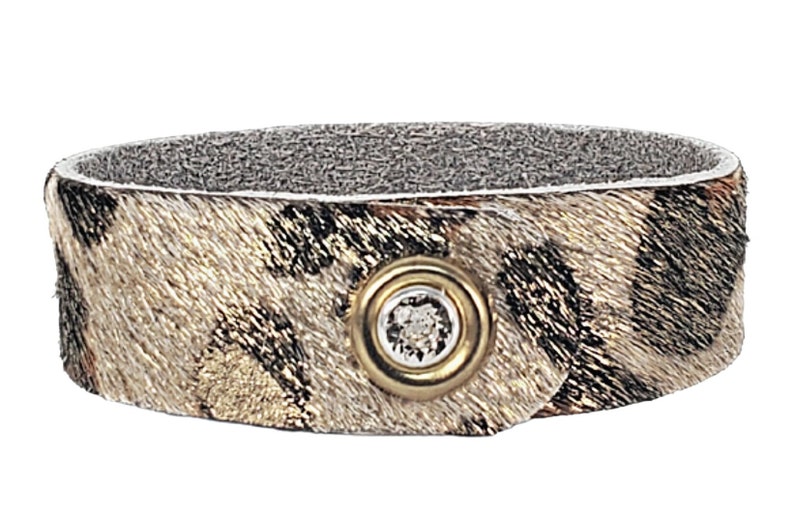 Cowhide Cuffs, SINGLE 5/8 Width Bracelet with Swarovski Crystal Snap, Animal Print or Acid Wash, Birthday or Leather 3rd Anniversary Gift Leopard Gold