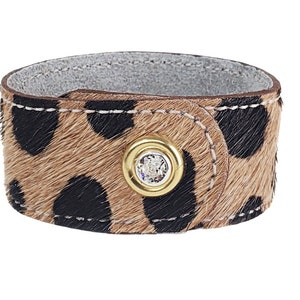 Cowhide Cuffs, SINGLE 5/8 Width Bracelet with Swarovski Crystal Snap, Animal Print or Acid Wash, Birthday or Leather 3rd Anniversary Gift Tan Cheetah