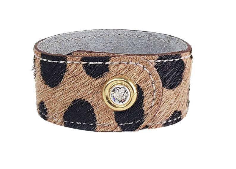 Cowhide Cuffs, SINGLE 5/8 Width Bracelet with Swarovski Crystal Snap, Animal Print or Acid Wash, Birthday or Leather 3rd Anniversary Gift Tan Cheetah