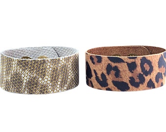 Leather Bracelet, SINGLE Cuff - 1 1/2 Wide, Snake & Leopard Prints, Custom Gift, Wedding, Bridal Shower, 3rd Anniversary
