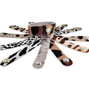 Cowhide Cuffs, SINGLE 5/8 Width Bracelet with Swarovski Crystal Snap, Animal Print or Acid Wash, Birthday or Leather 3rd Anniversary Gift image 6