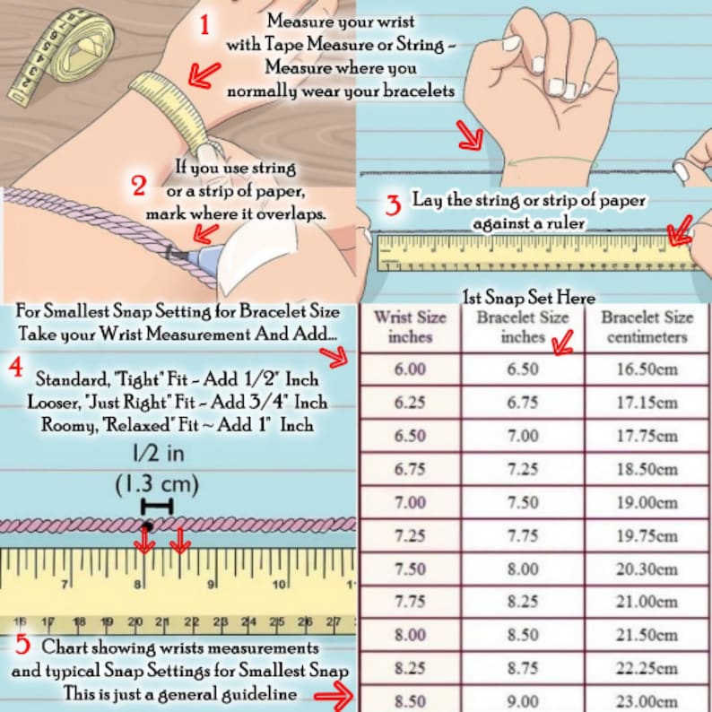 K&ouml;nnte beinhalten: Eine Tabelle mit Handgelenksma&szlig;en in Zoll und Zentimetern, mit Anweisungen, wie man sein Handgelenk f&uuml;r ein Armband misst. Die Tabelle zeigt die entsprechende Armbandgr&ouml;&szlig;e in Zoll und Zentimetern f&uuml;r verschiedene Handgelenksgr&ouml;&szlig;en. Die Tabelle enth&auml;lt auch eine Anleitung zum Hinzuf&uuml;gen zus&auml;tzlicher L&auml;nge zum Armband f&uuml;r verschiedene Passformen, wie z. B. eng, genau richtig und locker.