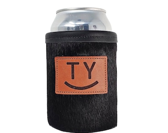 Custom Cowhide Can Holder, Personalized Stubby Beer Huggie Gift for Him or Her, Leather Beer Sleeve Brew Beverage Holder in Natural Hide
