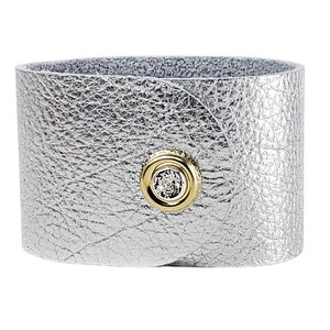 May include: A silver leather cuff bracelet with a gold snap closure. The bracelet is made of a textured leather and has a shiny finish.