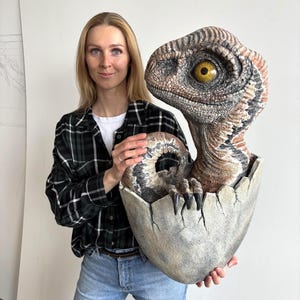 Velociraptor Dinosaur in Egg - Giant Realistic Prehistoric Sculpture Art for Dino Collectors - Exclusive Home or Office Interior Wall Decor