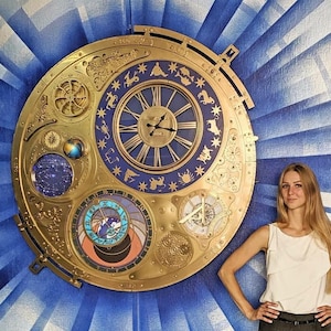 Giant Astronomical Steampunk Wall Clock Decor with Rotating Gears, Spinning Moon and World Map, Astrolabe, Compass, Starry Sky & Zodiac Sign