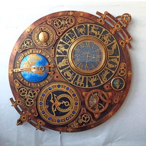 Giant Steampunk Astronomical Wall Clock Decor with Rotating Gears, Spinning Moon and World Map, Astrolabe, Compass, Starry Sky & Zodiac Sign