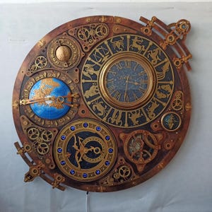 Giant Steampunk Astronomical Wall Clock Decor with Rotating Gears, Spinning Moon and World Map, Astrolabe, Compass, Starry Sky & Zodiac Sign