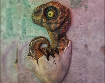 Realistic Dinosaur Wall Sculpture – Limited Edition Velociraptor in Egg Art – 2.3 FT Dino Interior Decor: Lime-lemon with dark stripes