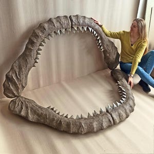 5.8 FT Life-Size Megalodon Shark Jaw Replica – 3 Rows of Teeth, Museum-Quality Fossil Model for Display & Collectibles - Light Brown