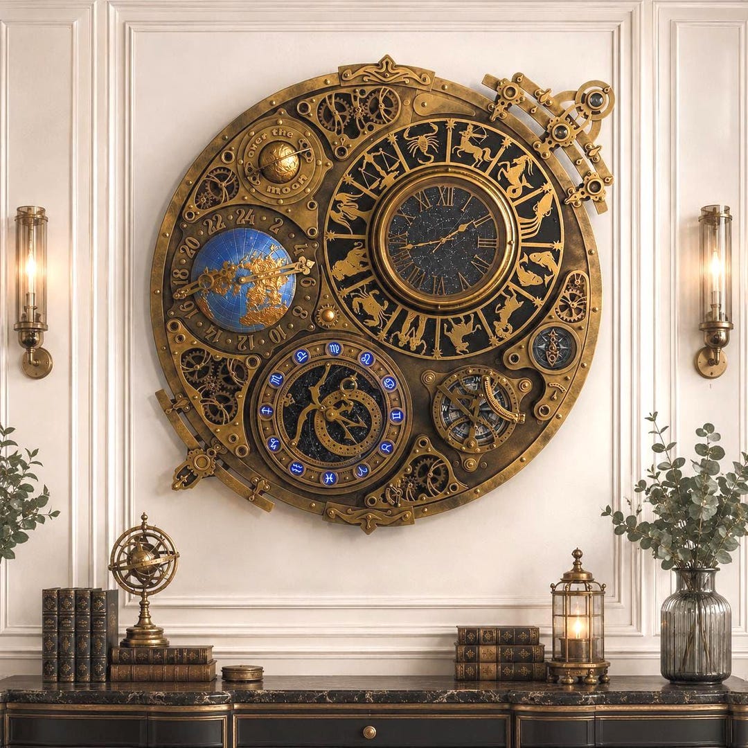 Steampunk Astronomical Large Wall Clock With Rotating Gears