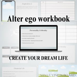 Op de afbeelding: Een digitaal werkboek met de titel "Alter ego workbook" en de tekst "Create your dream life". Het werkboek bevat secties voor persoonlijkheid en identiteit, financiën en een stijlvisiebord.