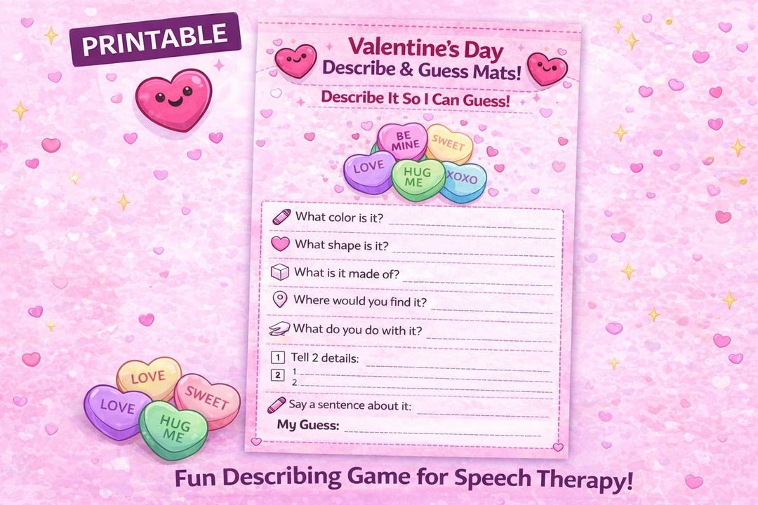 Descriptive Language Mat Valentine’s Day Describe and Guess Mats Printable Speech Therapy ...