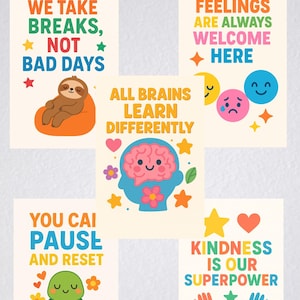 Op de afbeelding: Set van 5 kleurrijke mindset posters met positieve affirmaties. Elke poster heeft een uniek ontwerp met tekst en illustraties, waaronder een luiaard, schildpad, hersenen en handen. De posters zijn ontworpen met een regenboogthema.