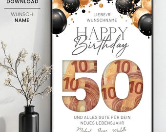 Geldgeschenk zum 50. Geburtstag Vorlage zum Ausdrucken, 50. Geburtstag Geschenk Vorlage, personalisiertes Geschenk mit Wunschname, 50