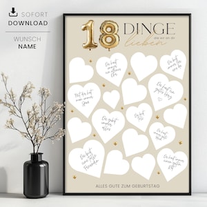 Gästeposter 18 Dinge, die wir an dir lieben, 18. Geburtstag, Geschenk Vorlage zum Ausdrucken,  Sofortdownload