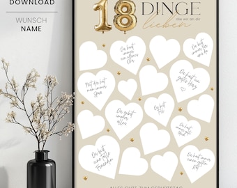 Gästeposter 18 Dinge, die wir an dir lieben, 18. Geburtstag, Geschenk Vorlage zum Ausdrucken,  Sofortdownload