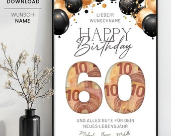 Geldgeschenk zum 60. Geburtstag, 60. Geburtstag Vorlage Geld verschenken, personalisiertes 60. Geburtstag Geschenk mit Wunschname