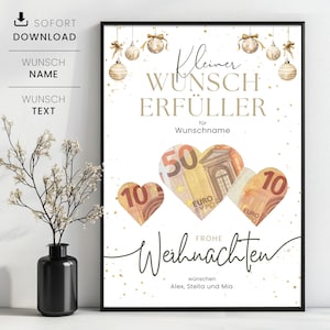 Persönliches Geldgeschenk zu Weihnachten, Wunscherfüller Weihnachtsgeschenk, weihnachtliche Vorlage Geld verschenken, Sofortdownload