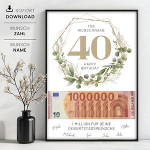 Modelo de presente em dinheiro para aniversário de 40 anos Seu primeiro milhão, Presente em dinheiro personalizado Milhão, Presente de aniversário para imprimir