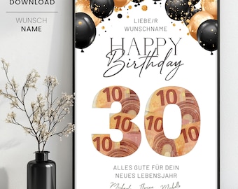 Geldgeschenk zum 30. Geburtstag Vorlage zum Ausdrucken, 30. Geburtstag Geschenk Vorlage, personalisiertes Geschenk mit Wunschname, 30
