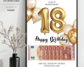 Geldgeschenk zum 18. Geburtstag erste Million, Million zum 18. Geburtstag Vorlage Geld verschenken, 18. Geburtstag Geschenk mit Wunschname