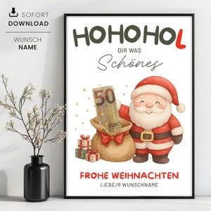 May include: A framed Christmas print with a Santa Claus illustration. The image includes German text: "HOHOHOL," "Frohe Weihnachten," and other phrases. A sack of money and wrapped gifts are also depicted. The print is in a black frame.