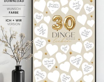 Geschenk zum Ausdrucken "30 Dinge, die wir an dir lieben" Gästebuch Vorlage 30. Geburtstag, Sofortdownload