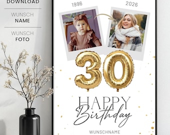 Fotogeschenk zum 30. Geburtstag, 30. Geburtstag Foto Collage Vorlage, personalisiertes 30. Geburtstag Geschenk mit Foto und Wunschname