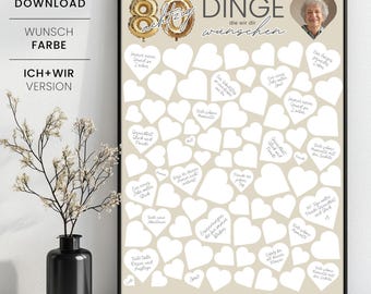 80 Dinge, die wir dir wünschen, personalisierbares Geschenk zum 80. Geburtstag, Gästeposter zum 80. Geburtstag, Sofortdownload