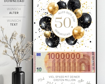Geldgeschenk 1 Million 50. Geburtstag Vorlage zum Ausdrucken, 50. Geburtstag Geschenk Vorlage, personalisiertes Geschenk zum 50 Geburtstag