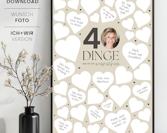 40 Dinge, die wir dir wünschen, personalisierbares Geschenk zum 40. Geburtstag, Gästeposter zum 40. Geburtstag, Sofortdownload