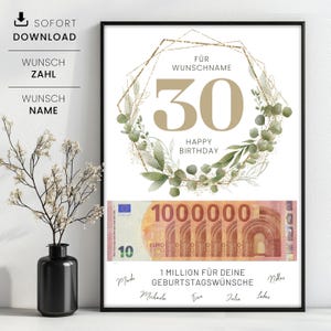 Modelo de presente em dinheiro para aniversário de 30 anos Seu primeiro milhão, Presente em dinheiro personalizado Milhão, Presente de aniversário para imprimir
