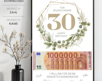 Vorlage Geldgeschenk zum 30. Geburtstag Deine erste Million, Personalisiertes Geldgeschenk Million, Geburtstagsgeschenk zum Ausdrucken