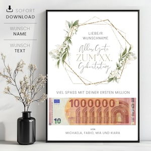 Presente em dinheiro para o seu primeiro milhão, presente em dinheiro personalizado, presente de aniversário de última hora para imprimir você mesmo
