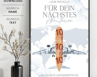Geldgeschenk Reise, für dein nächstes Abenteuer, personalisiertes Geldgeschenk für Weltreise, Reise, Reisegutschein
