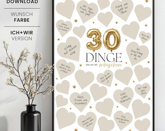 May include: A framed print with a white background and beige heart shapes. The print features the number "30" in gold balloon style, with German text. The print also includes the words "SOFORT DOWNLOAD" and "WUNSCH FARBE".
