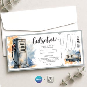 Könnte beinhalten: Ein Gutschein mit einer Illustration einer alten Zapfsäule. Der Gutschein bietet Platz für Details und das Wort "Gutschein" in eleganter Schrift. Enthält die Canva- und PDF-Download-Logos.