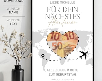 Money gift travel fund for birthday, personalized money gift for birthday, travel, travel voucher, for your next adventure