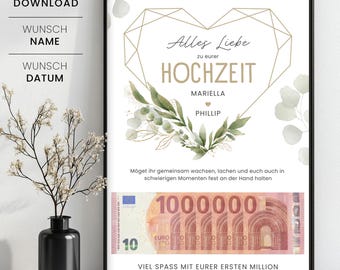 Geldgeschenk Hochzeit personalisiert, Hochzeitsgeschenk Geld eure erste Million, Sofortdownload