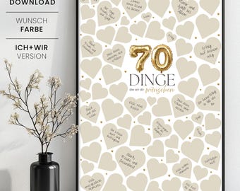70 Dinge, die wir dir wünschen, 70 Wünsche zum Geburtstag Poster zum Ausdrucken, personalisierbares Geschenk zum 70. Geburtstag, Download