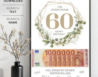 Geldgeschenk zum 60. Geburtstag, 60. Geburtstag Vorlage Geld verschenken, personalisiertes 60. Geburtstag Geschenk mit Wunschname