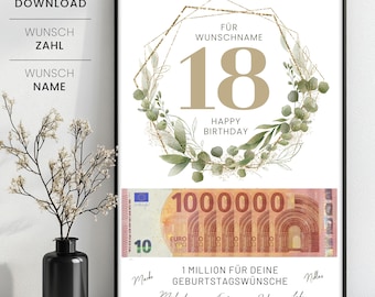 Geldgeschenk zum 18. Geburtstag Vorlage zum Ausdrucken, 18. Geburtstag Geschenk Vorlage, personalisiertes Geschenk mit Wunschname, 18